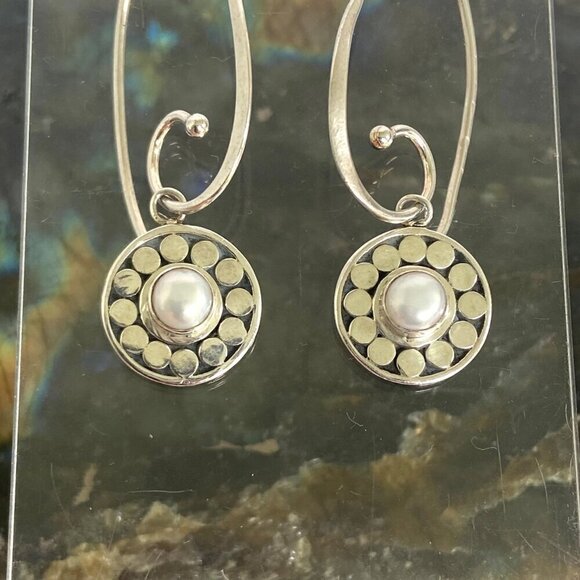 Sterling Silver 925 Signed Boma Round White Pearl Threader Dangle Earrings - Picture 4 of 16